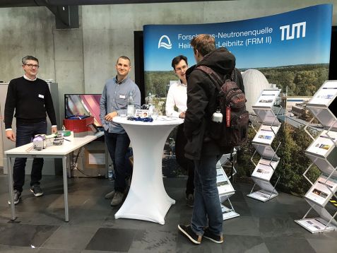 The booth of the research neutron source (FRM II) at the university contact fair 2019 in Munich
